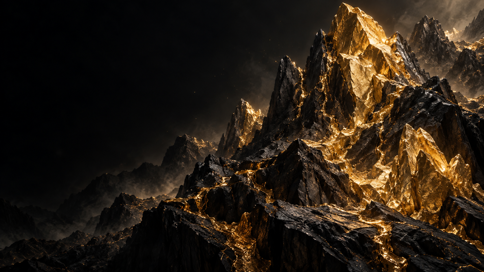 Sculptural gold and obsidian mineral formations, conceptual artwork